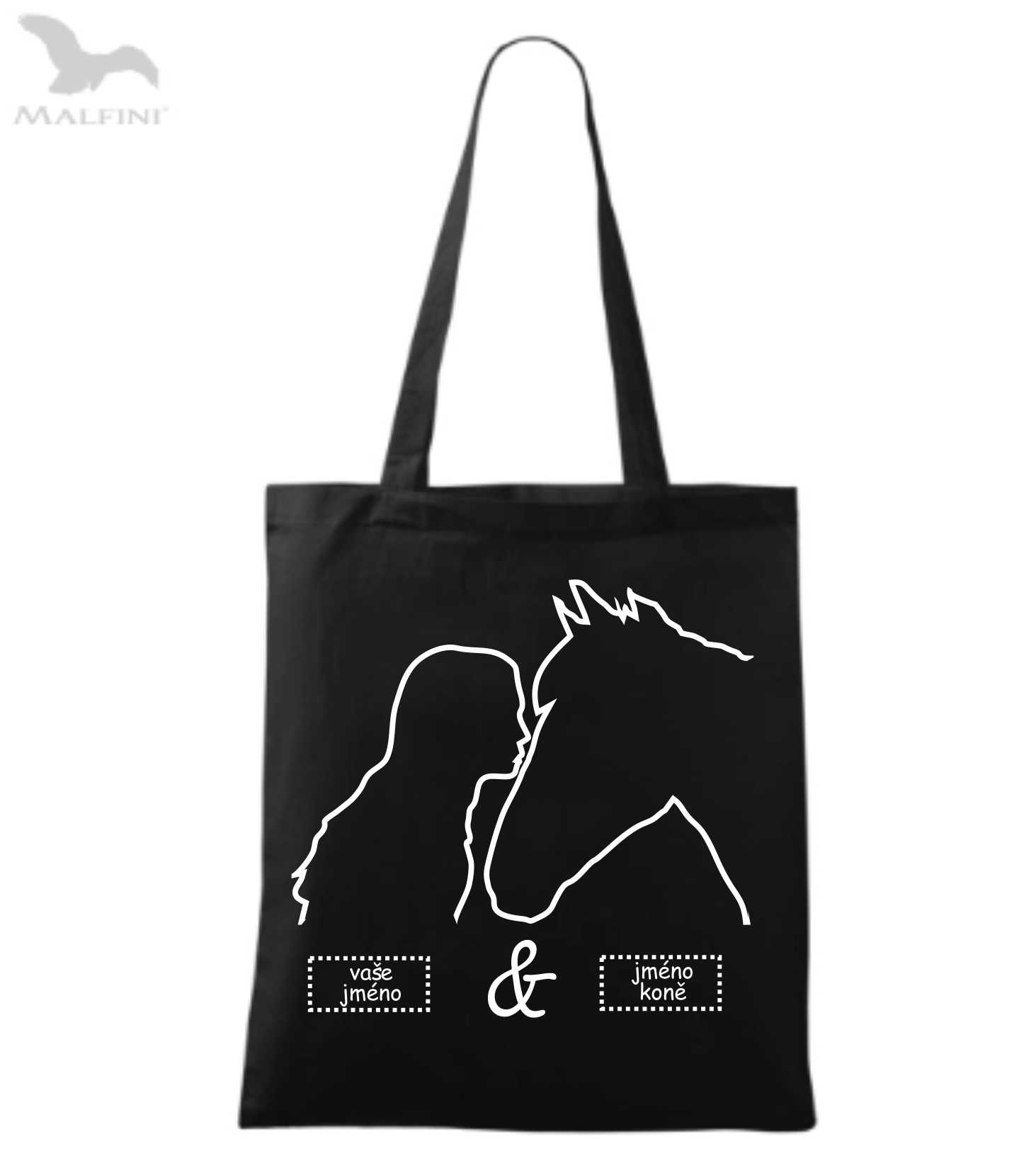 Látková taška s motivem se siluetami se jménem koně a jezdce